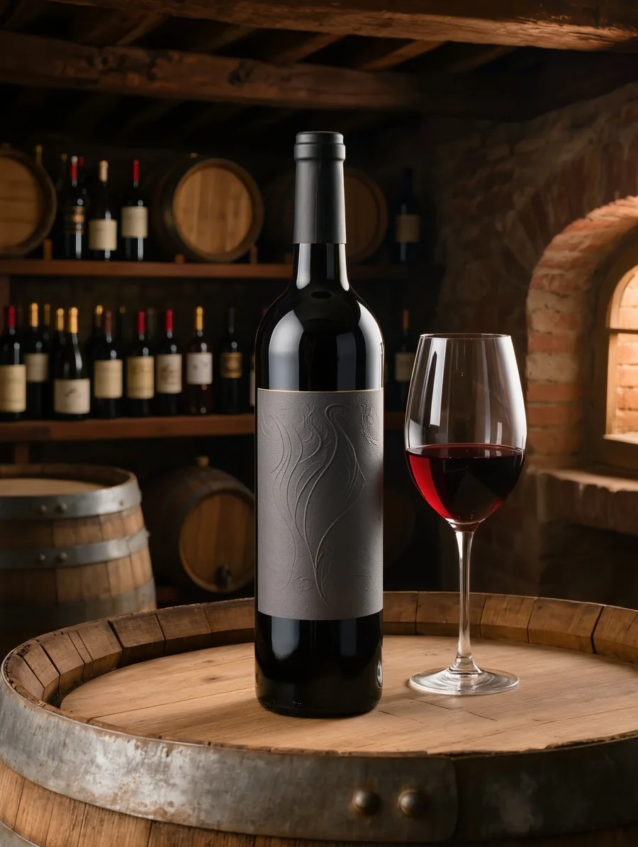 Botella de vino tinto en bodega